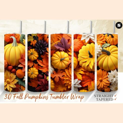 3d Fall Pumpkins Tumbler Wrap Collection, 3D Autumn 20oz Skinny Tumbler for Sublimation cover image.