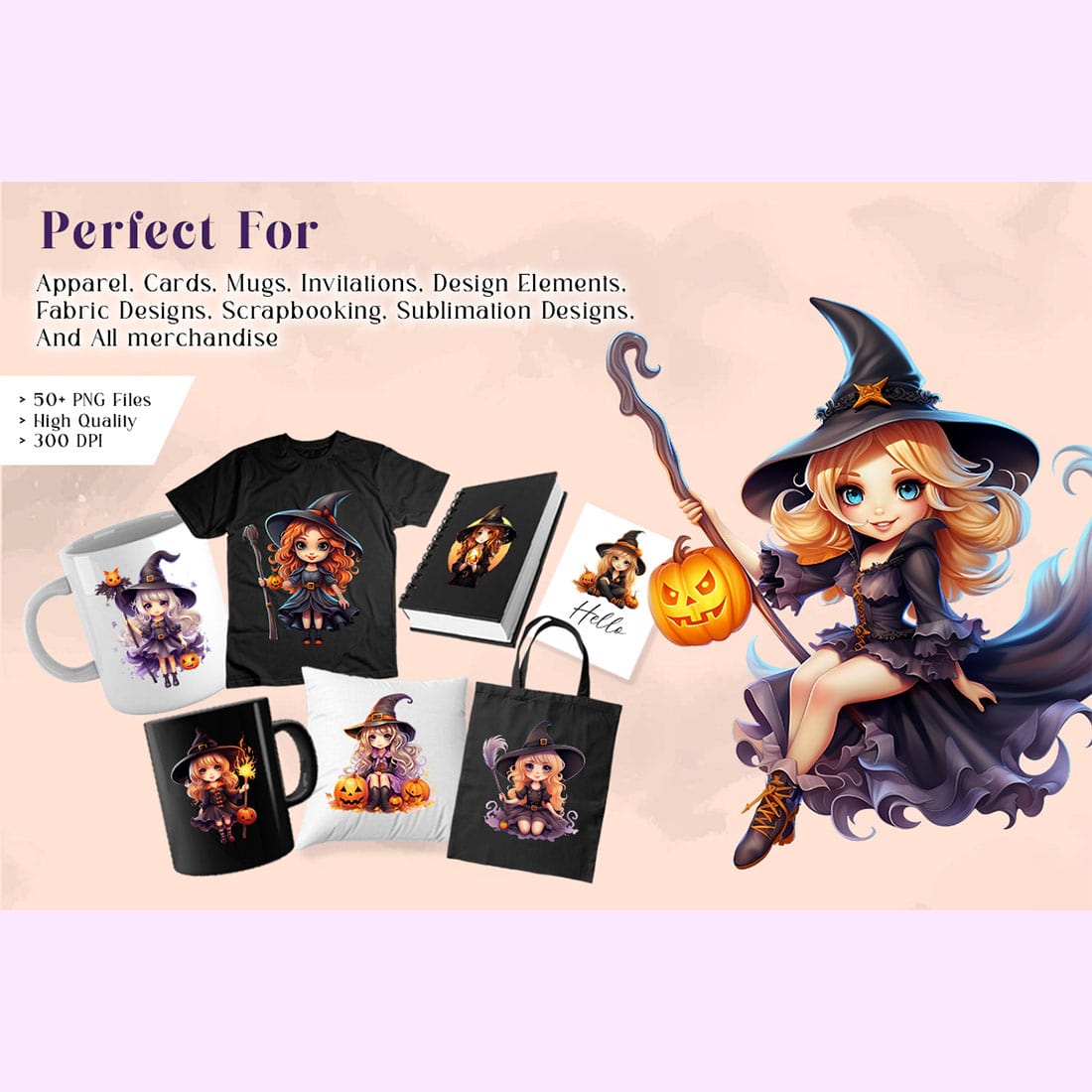 Cute Witch Girl Watercolor PNG Clipart Bundle | Halloween Girl Illustrations preview image.