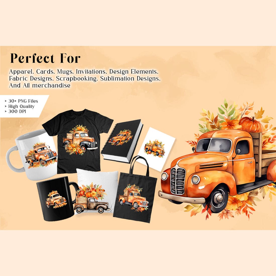 Vintage Fall Truck PNG Watercolor Sublimation Clipart Bundle preview image.