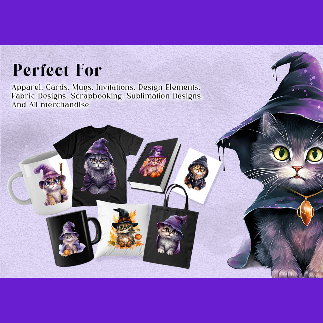 Witch Cats Clipart PNG Watercolor Bundle, Halloween Cat Illustrations Collection preview image.