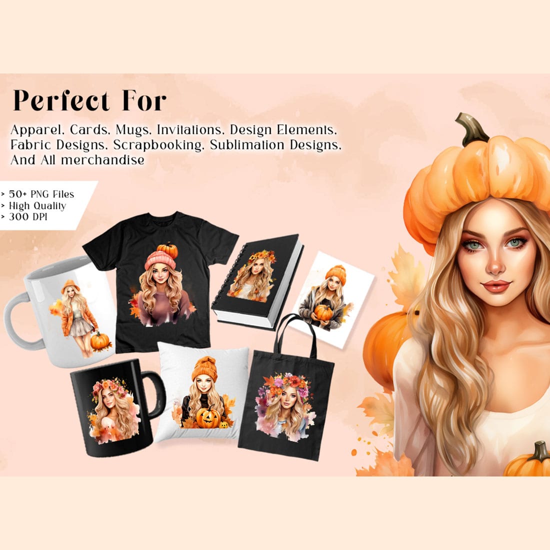 Fall Girls PNG Watercolor Clipart, Autumn Fall Girl Illustrations Sublimation preview image.