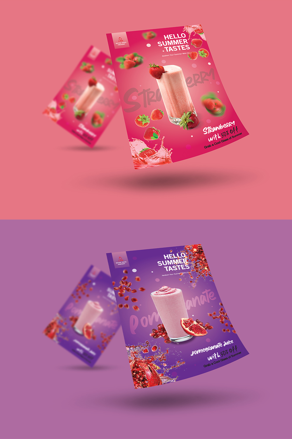 Strawberry & Pomegranate Juice Flyer Design pinterest preview image.