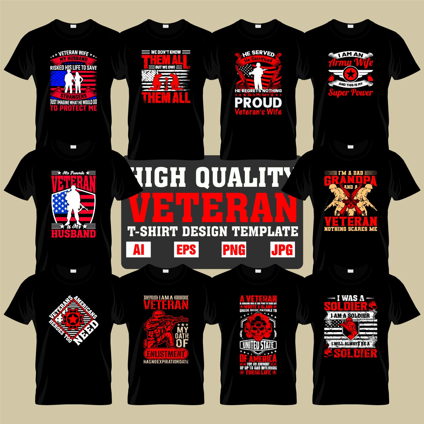 Editable Vintage Veteran T-Shirt Designs Template preview image.