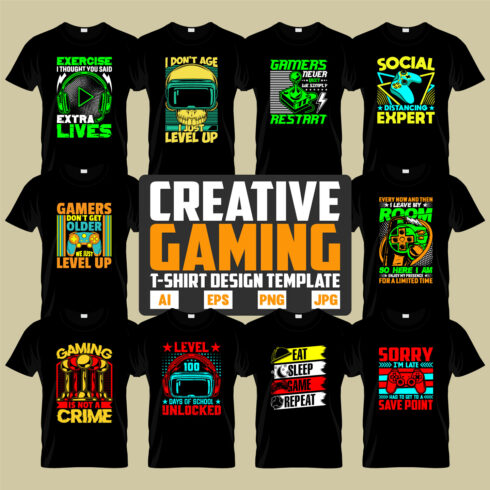 20 Creative Video Gaming T-Shirt Designs Bundle cover image.