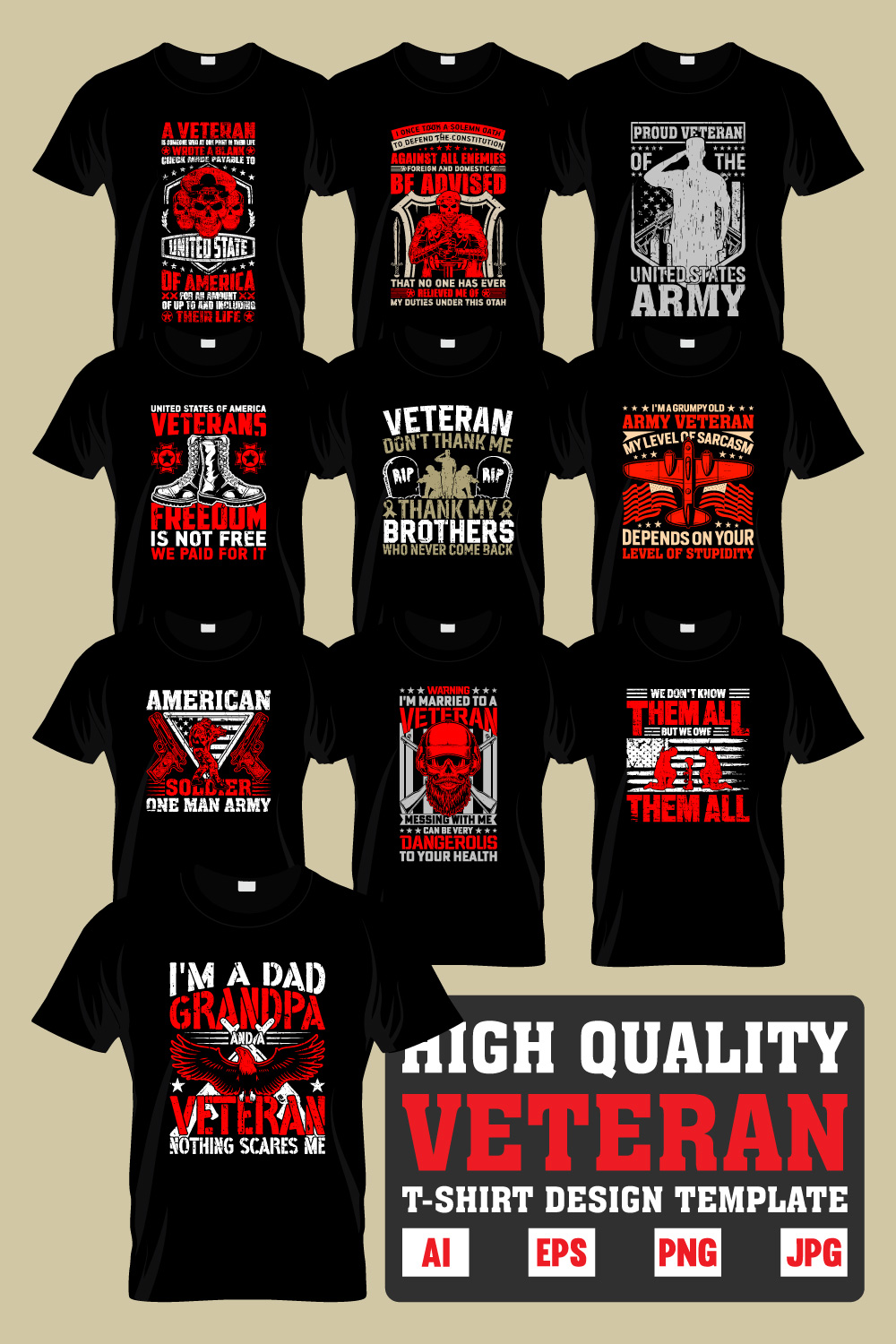 Editable Vintage Veteran T-Shirt Designs Template pinterest preview image.