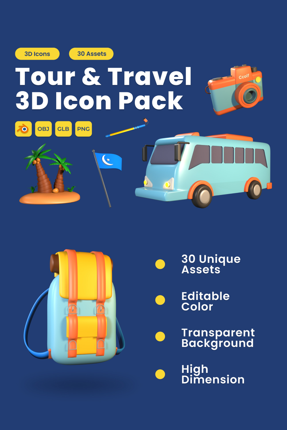 Tour and Travel 3D Icon Pack Vol 3 pinterest preview image.