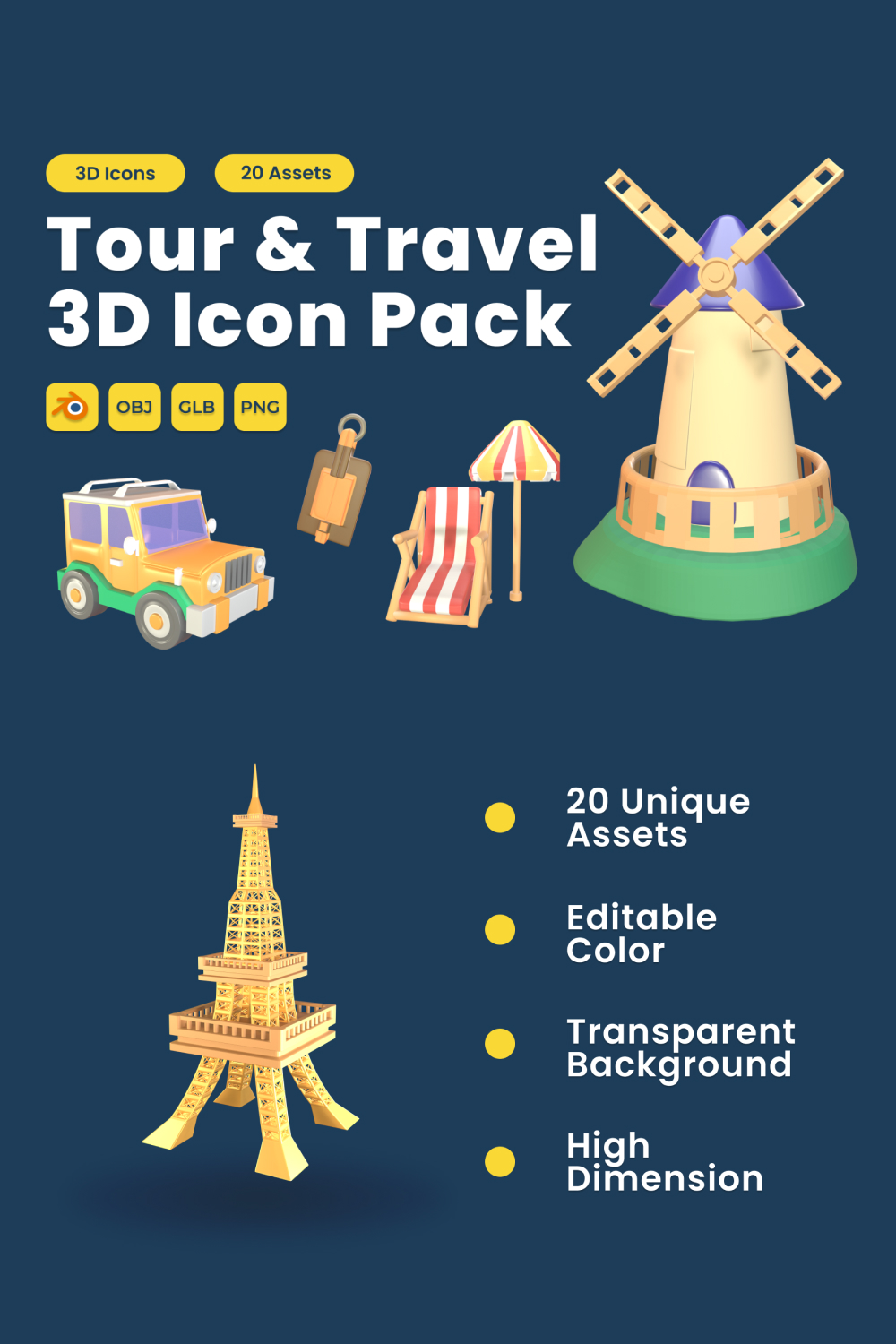 Tour and Travel 3D Icon Pack Vol 6 pinterest preview image.