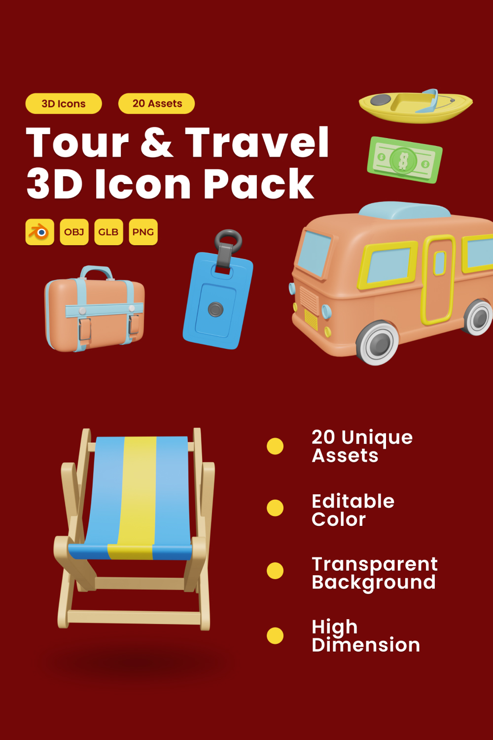 Tour and Travel 3D Icon Pack Vol 2 pinterest preview image.