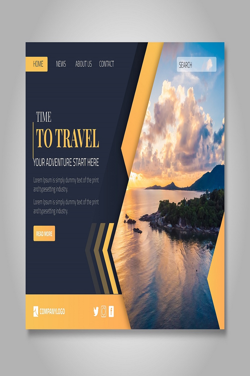 Travel landing page template pinterest preview image.