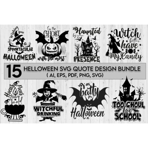 15 Halloween svg quoto design bundle cover image.