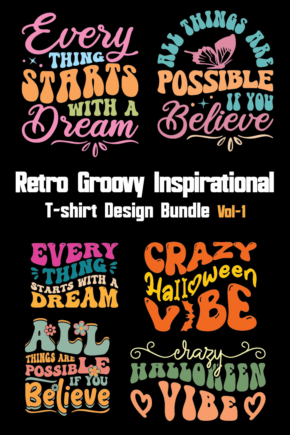Retro Groovy Inspirational T-shirt Design Bundle Vol-1 pinterest preview image.