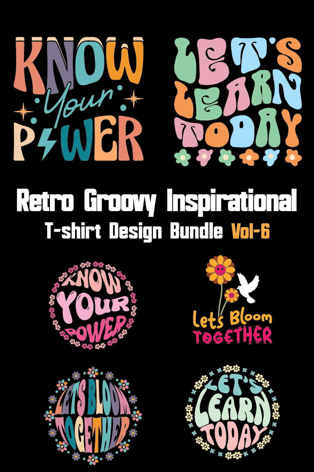 Retro Groovy Inspirational T-shirt Design Bundle Vol-6 pinterest preview image.