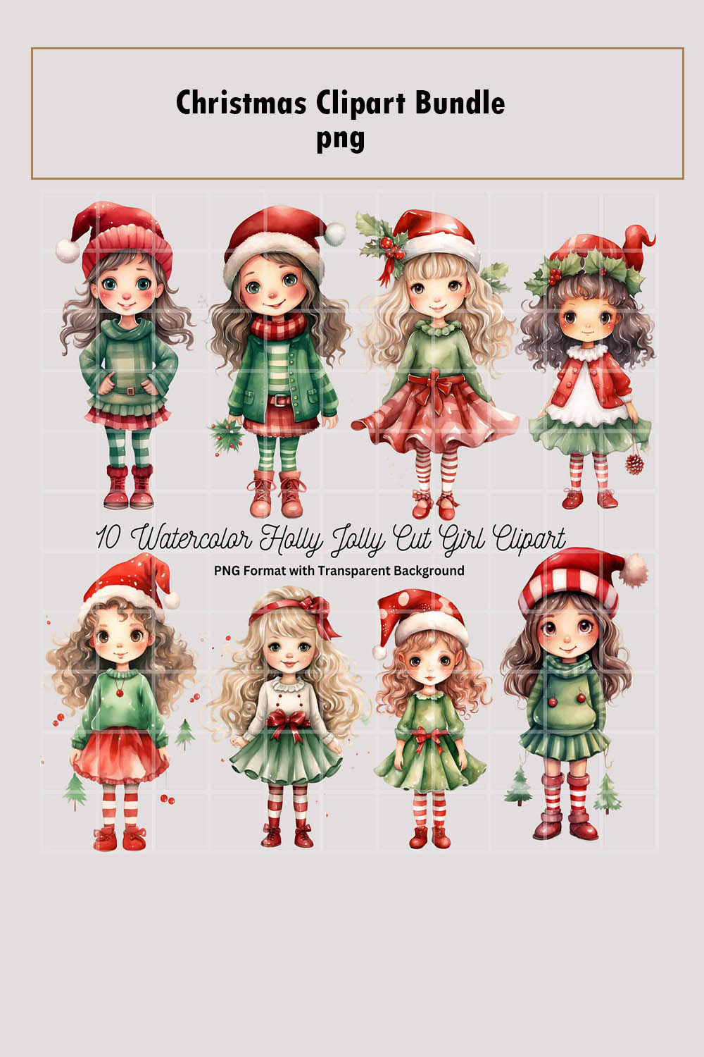 10 Watercolor Holly Jolly cute girl clipart, Christmas Decor Clipart in PNG, Paper craft, print pinterest preview image.