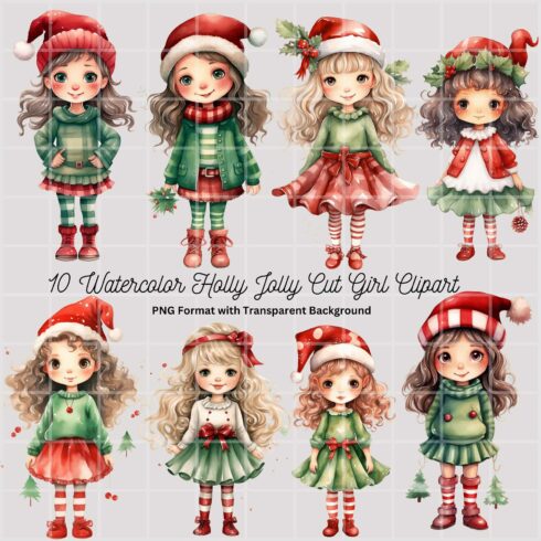 10 Watercolor Holly Jolly cute girl clipart, Christmas Decor Clipart in PNG, Paper craft, print cover image.
