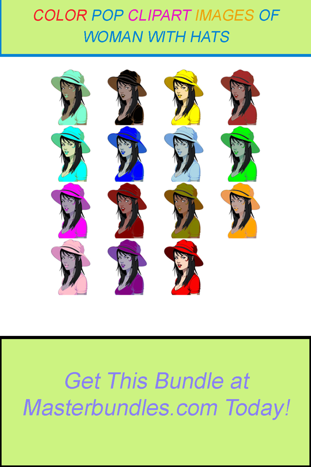 15 COLOR POP CLIPART IMAGES OF WOMAN WITH HATS pinterest preview image.