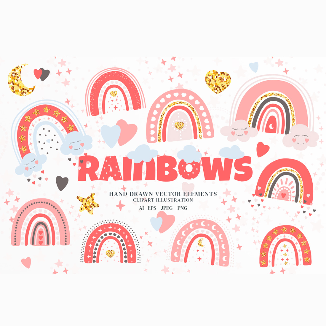 Hand Drawn Rainbows Vector Illustration Boho Clipart Set preview image.