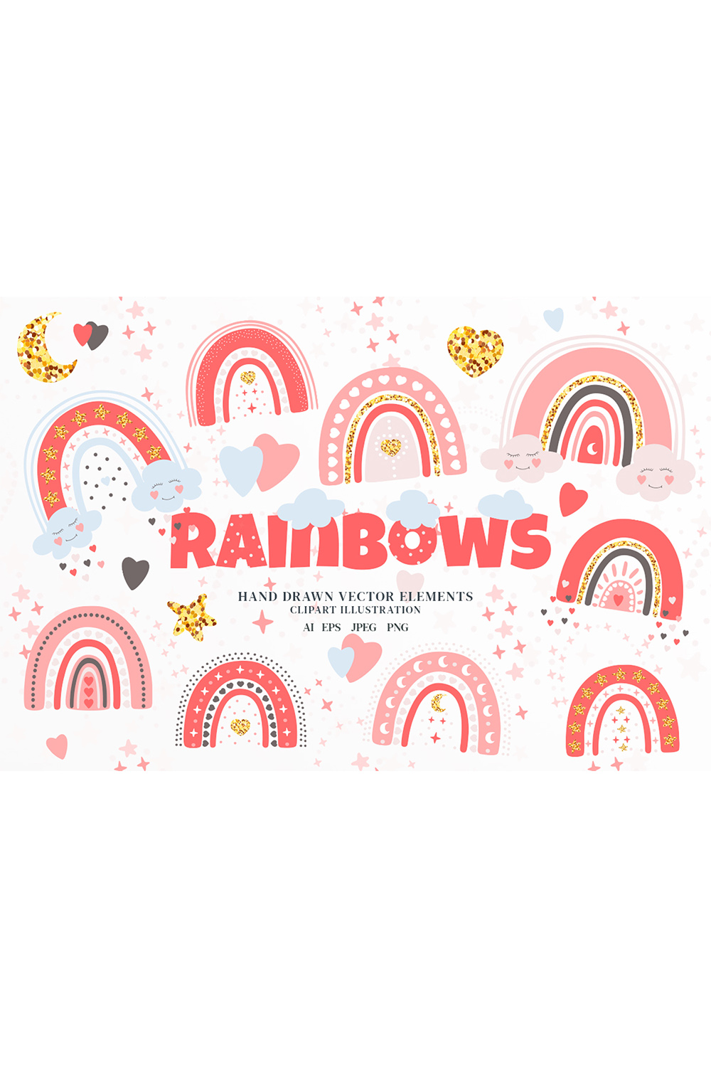 Hand Drawn Rainbows Vector Illustration Boho Clipart Set pinterest preview image.