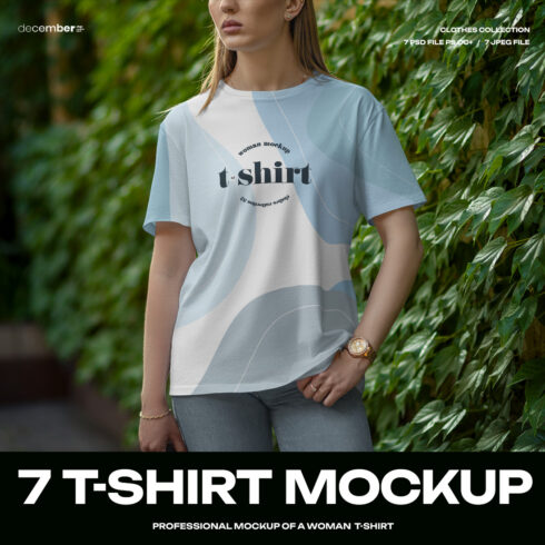 7 Mockups T-Shirt on a Girl Walking in the Green Street cover image.