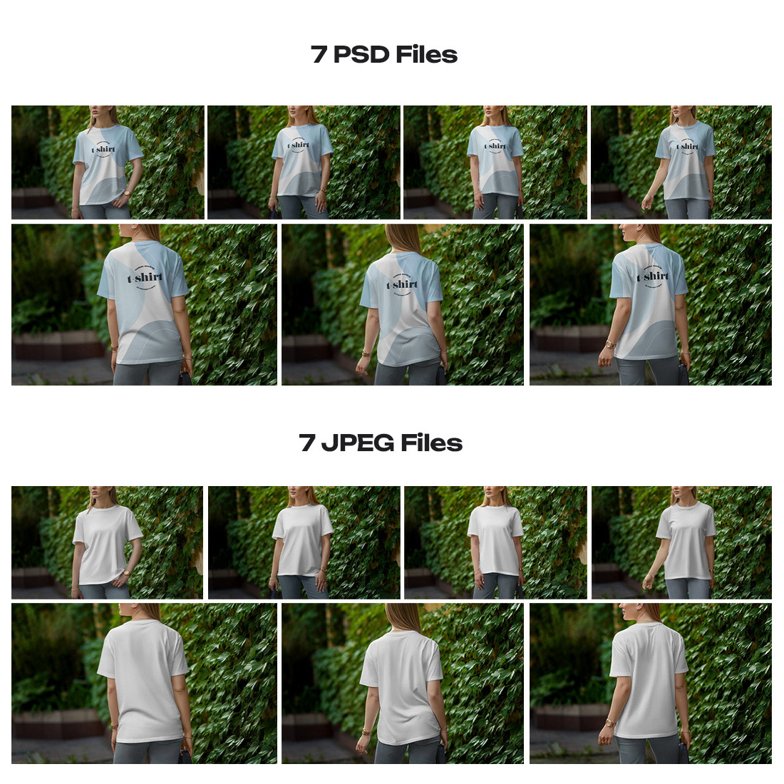 7 Mockups T-Shirt on a Girl Walking in the Green Street preview image.