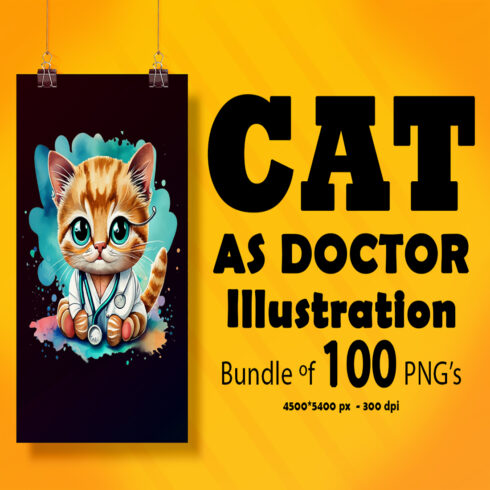 Cat as Doctor Illustration for POD 100 Clipart Bundle cover image.