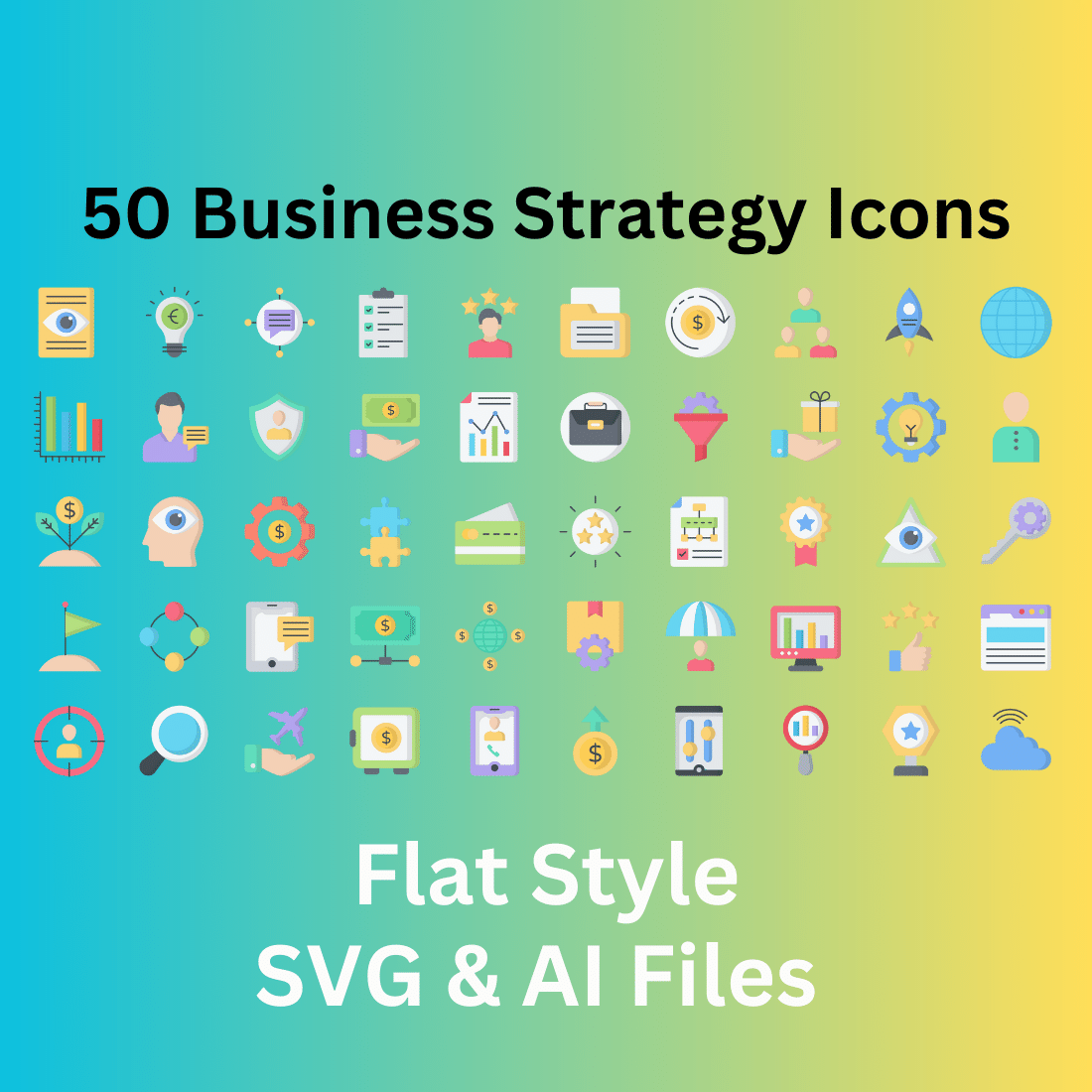 Business Strategy Set 50 Flat Icons - SVG And AI Files cover image.