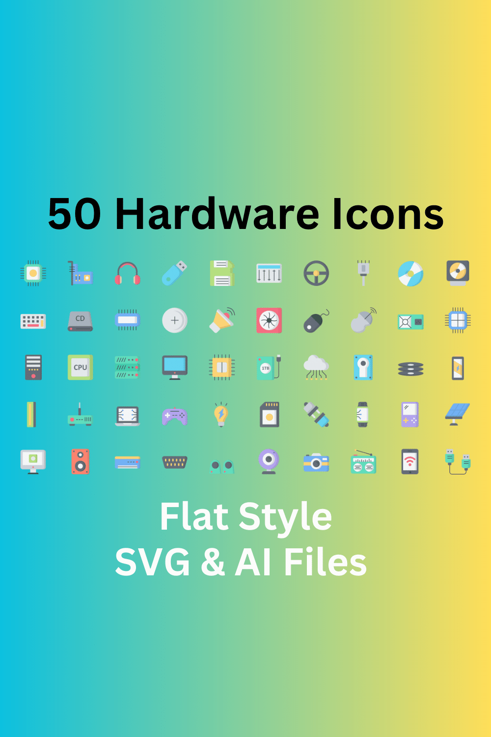 Hardware Set 50 Flat Icons - SVG And AI Files pinterest preview image.