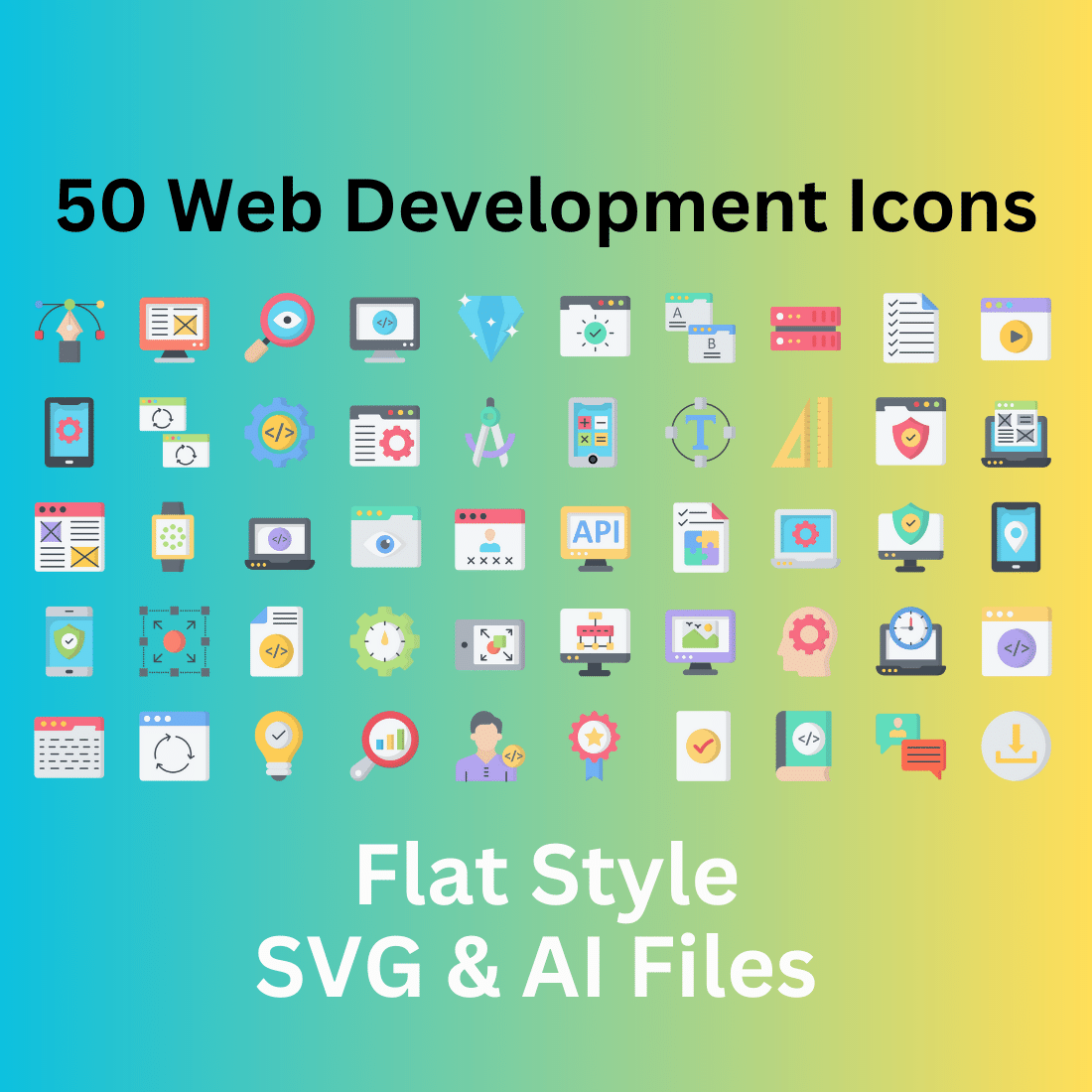 Web Development Icon Set 50 Flat Icons - SVG And AI Files cover image.