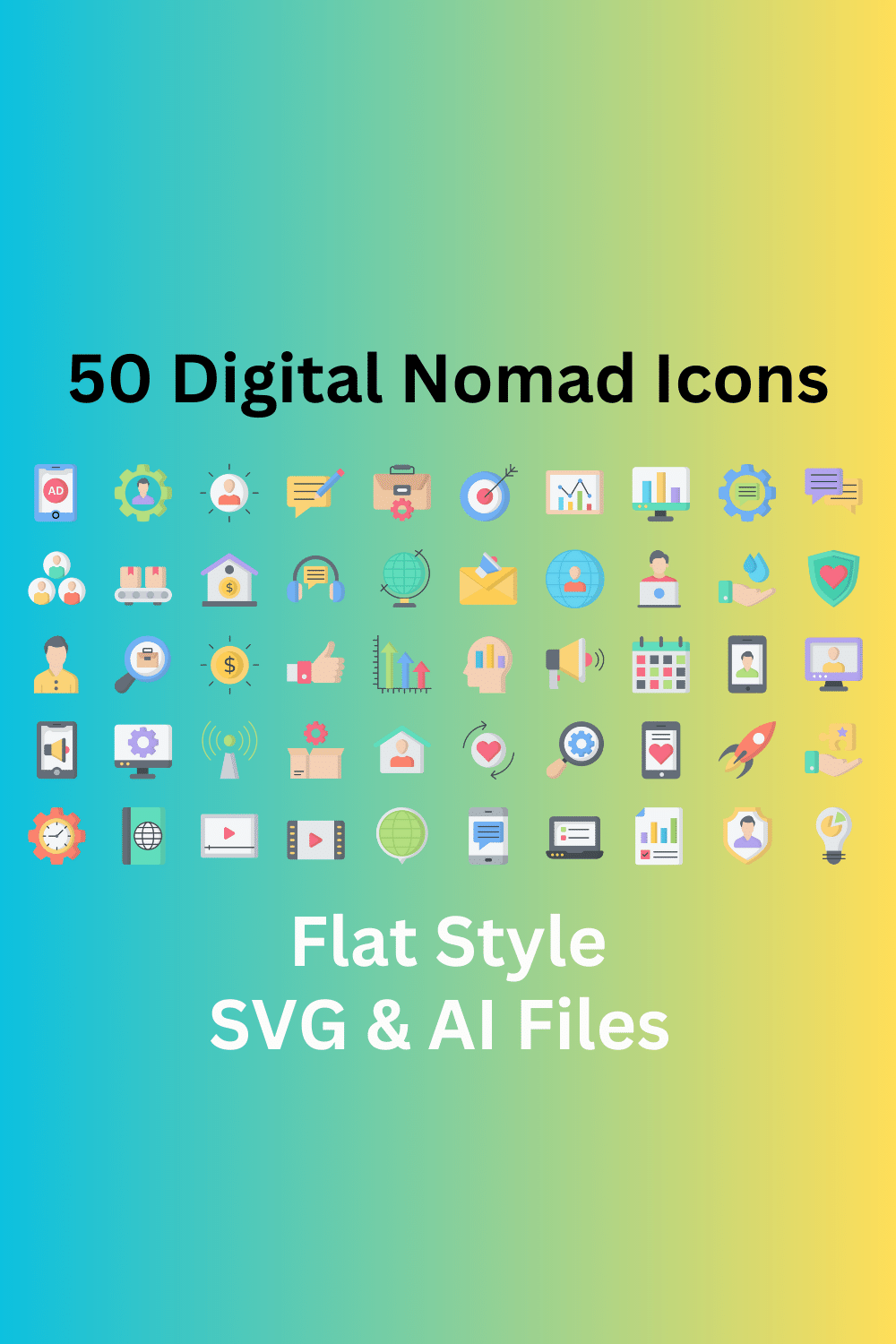 Digital Nomad Icon Set 50 Flat Icons - SVG And AI Files pinterest preview image.