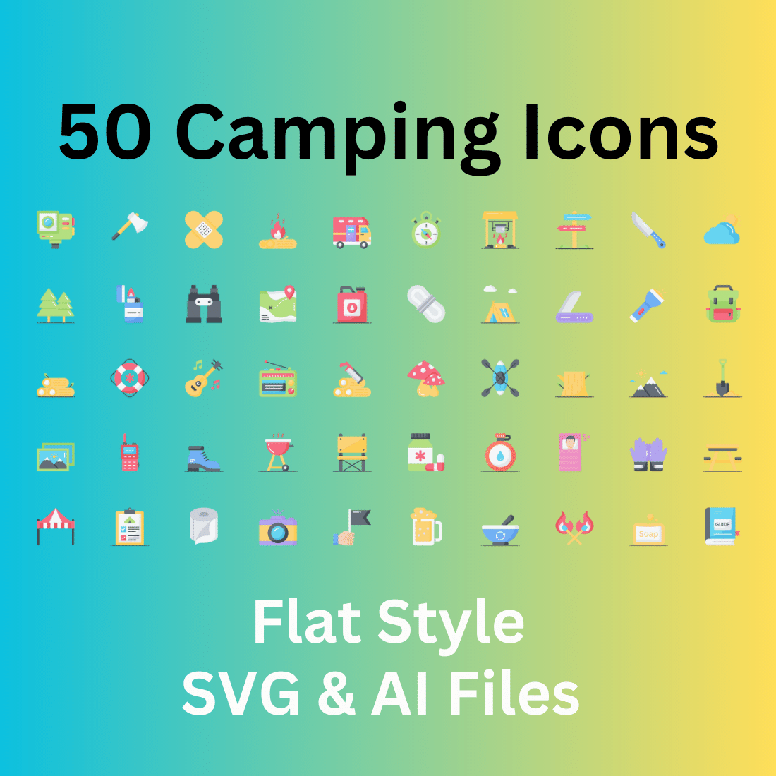 Camping Icon Set 50 Flat Icons - SVG And AI Files cover image.