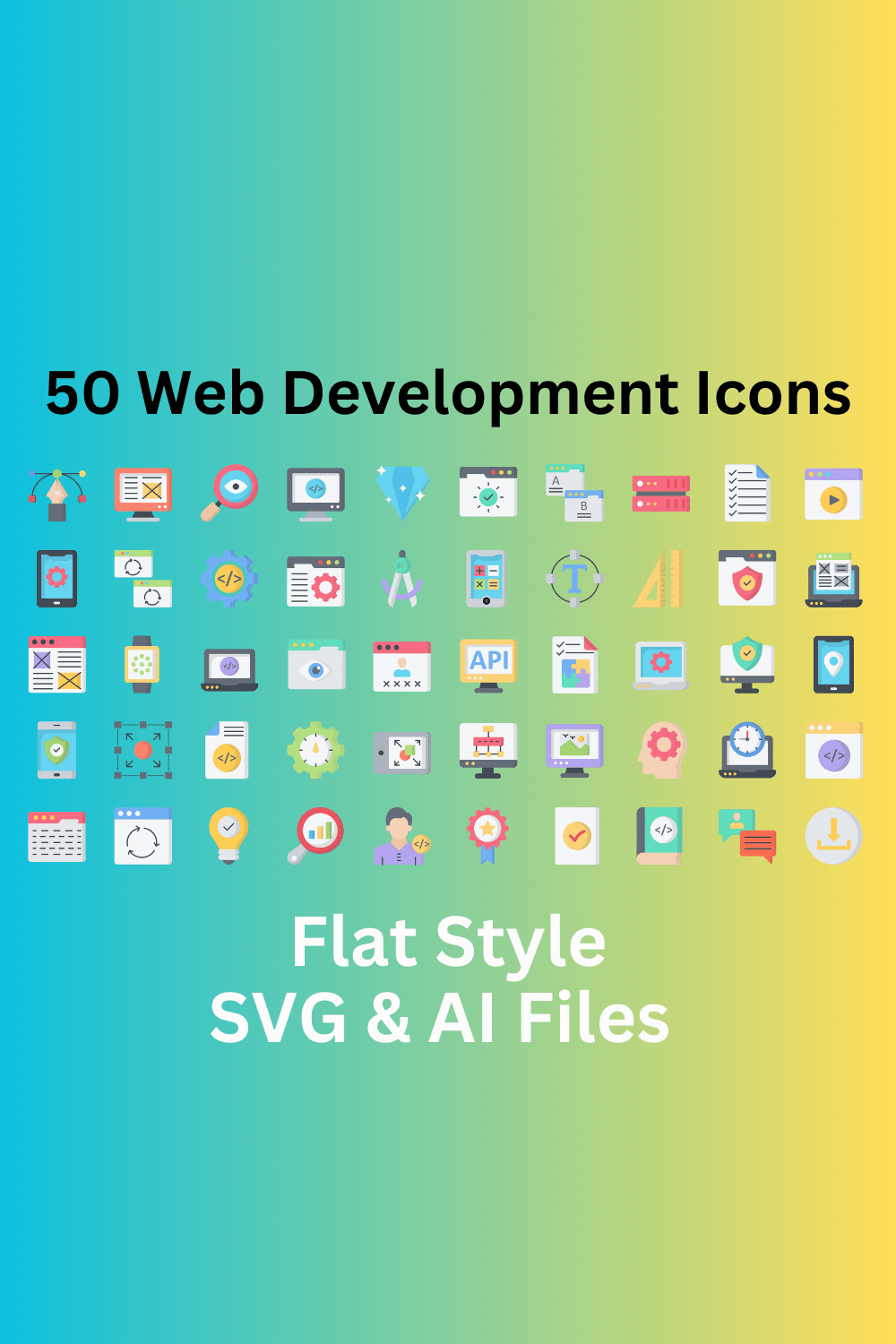 Web Development Icon Set 50 Flat Icons - SVG And AI Files pinterest preview image.