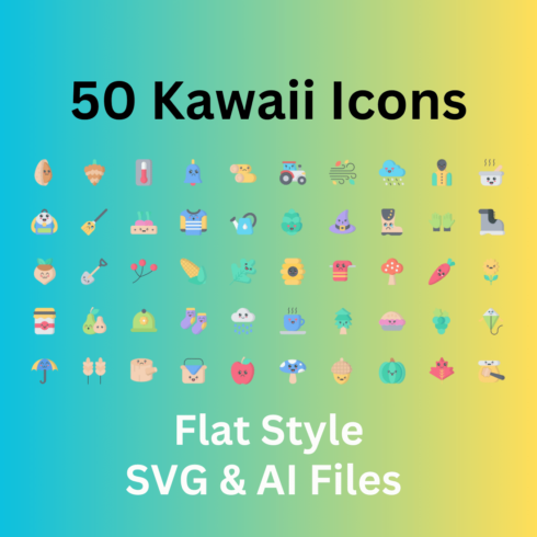 Kawaii Icon Set 50 Flat Icons - SVG And AI Files cover image.