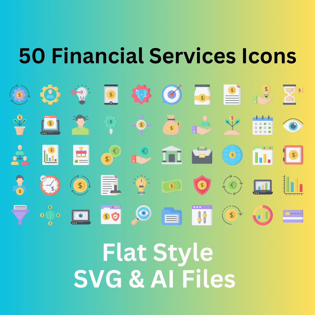 Financial Services Icon Set 50 Flat Icons - SVG And AI Files cover image.