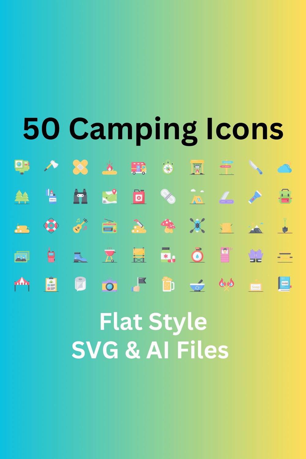 Camping Icon Set 50 Flat Icons - SVG And AI Files pinterest preview image.