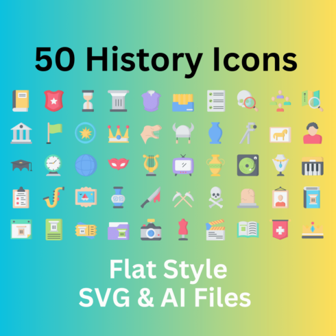 History Icon Set 50 Flat Icons - SVG And AI Files cover image.