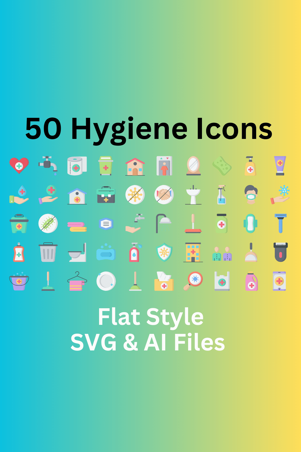 Hygiene Icon Set 50 Flat Icons - SVG And AI Files pinterest preview image.