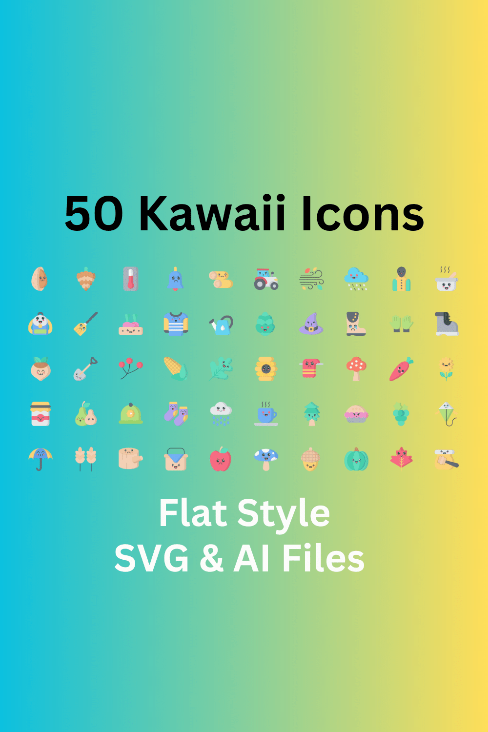 Kawaii Icon Set 50 Flat Icons - SVG And AI Files pinterest preview image.