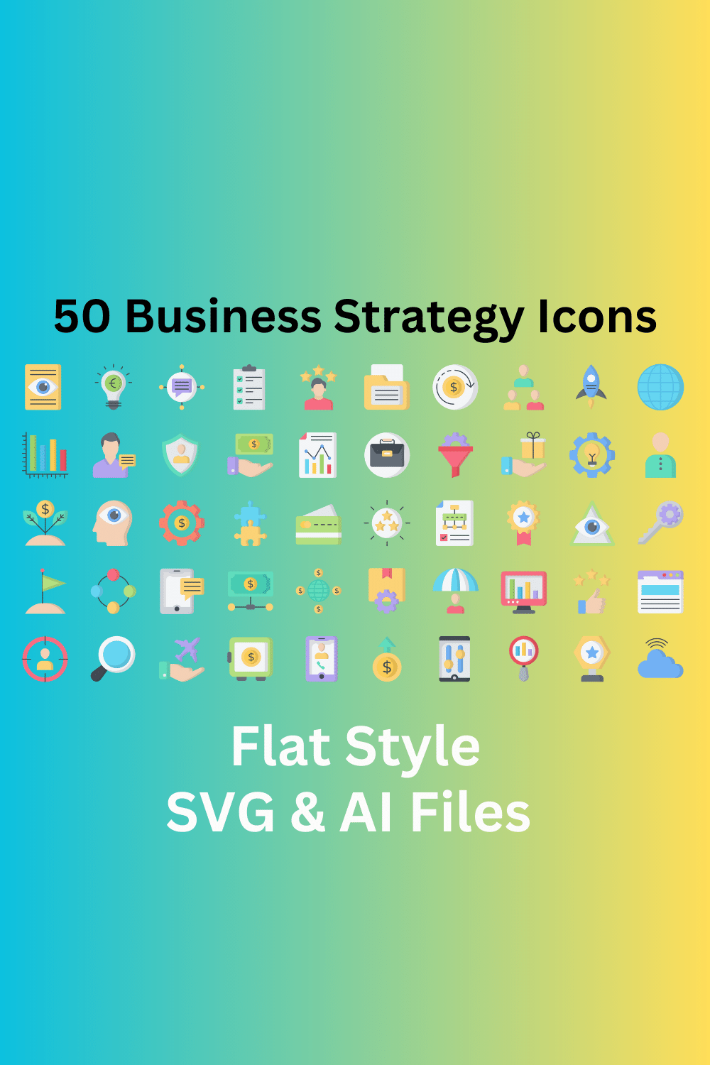 Business Strategy Set 50 Flat Icons - SVG And AI Files pinterest preview image.
