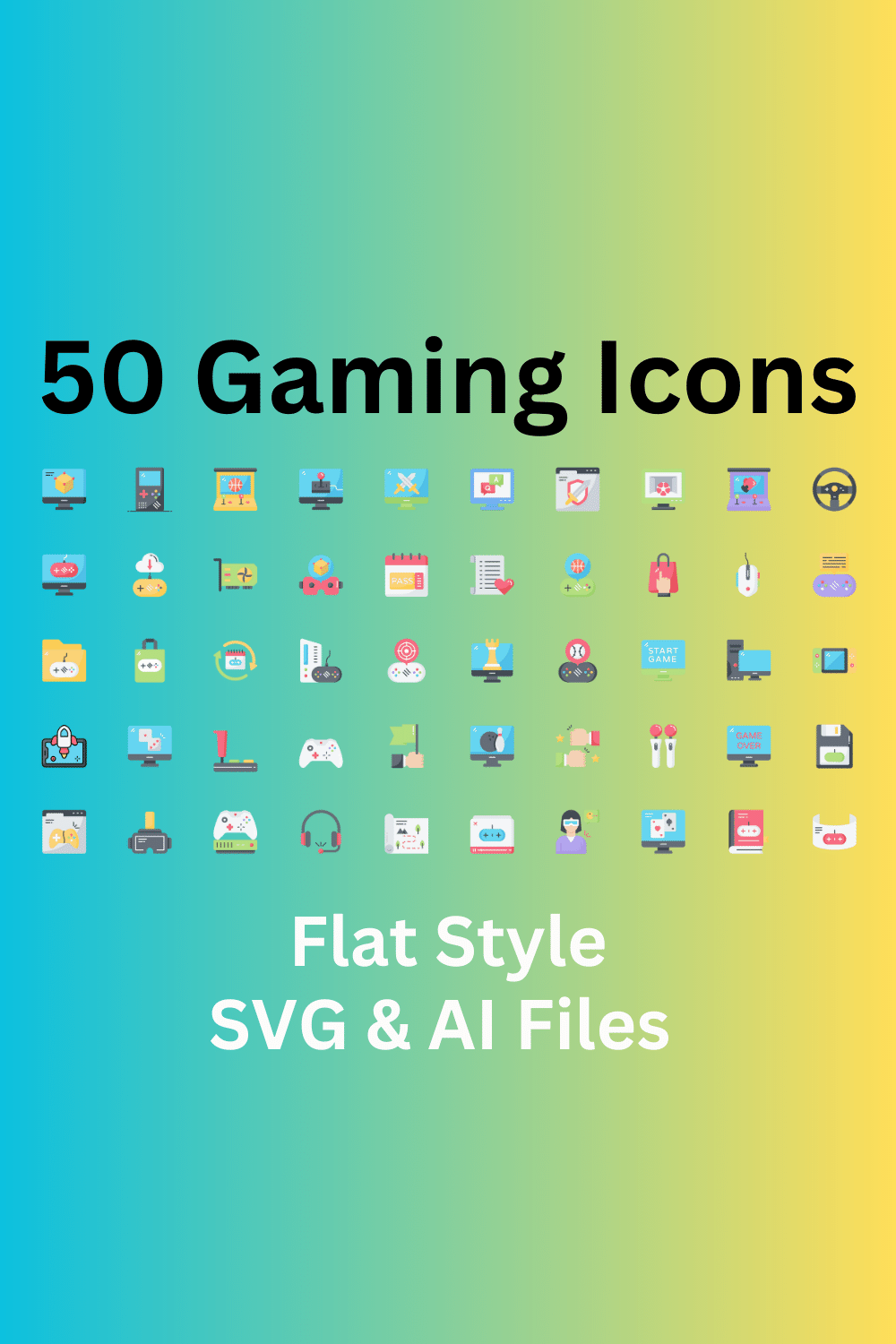 Gaming Set 50 Flat Icons - SVG And AI Files pinterest preview image.