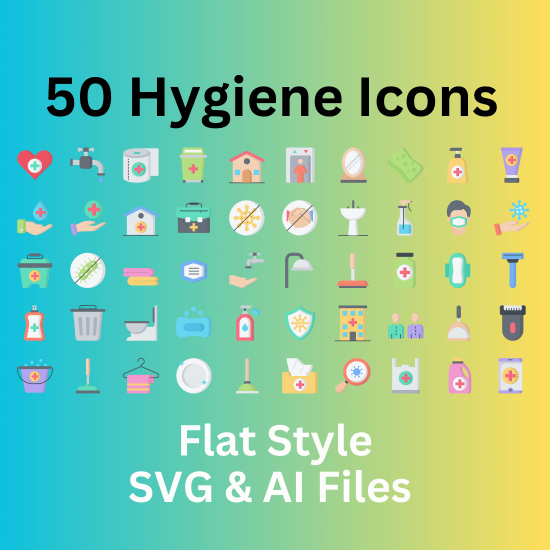 Hygiene Icon Set 50 Flat Icons - SVG And AI Files cover image.