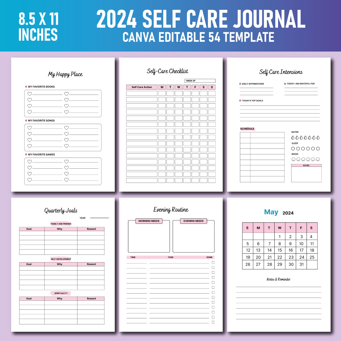 2024 Self Care Journal KDP Interiors Templates preview image.