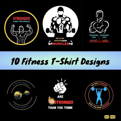 10 Gym/Fitness T-Shirt Designs Bundle cover image.
