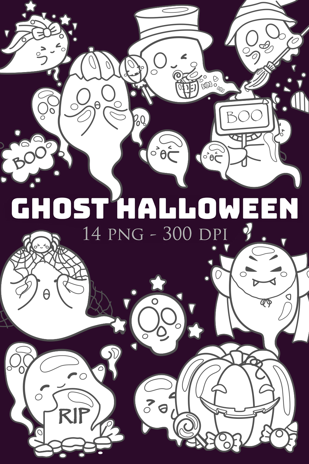 Happy Ghost Halloween Cartoon Digital Stamp Outline Black and White Decoration pinterest preview image.