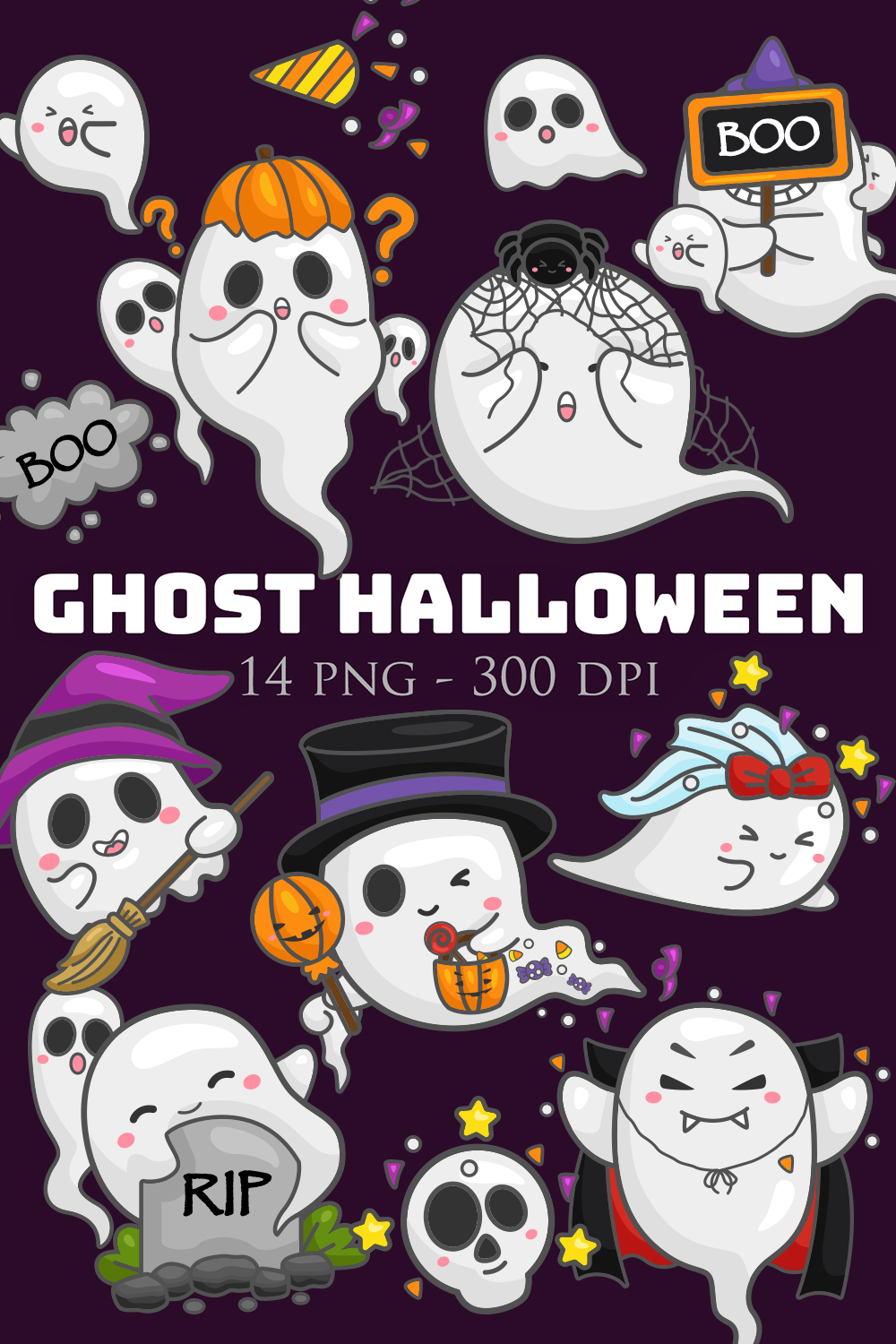 Cute Funny Ghost Halloween Jack O Lantern Pumpkin Cartoon Background Decoration Party Illustration Vector Clipart Sticker pinterest preview image.