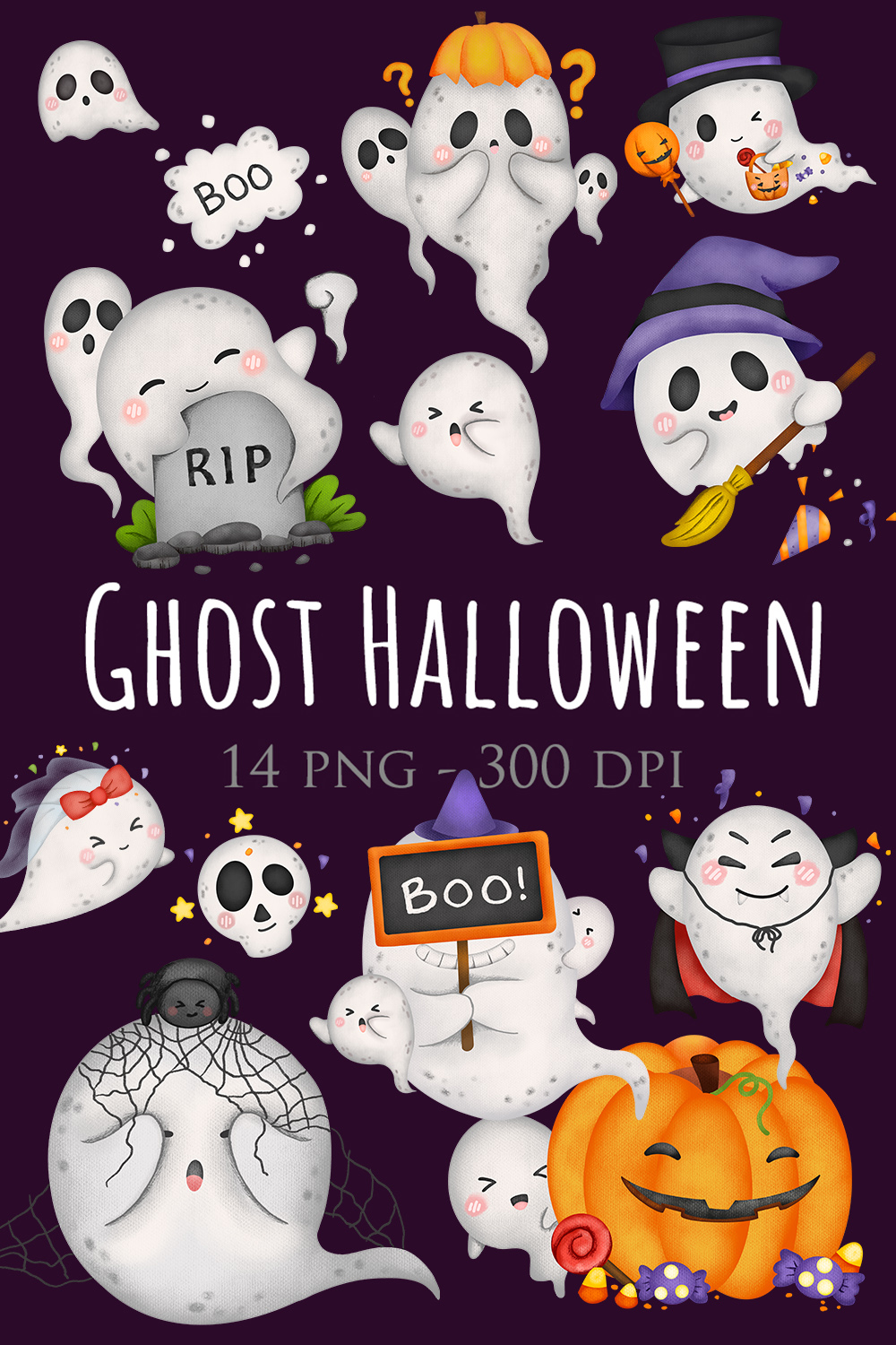 Cute Funny Ghost Happy Halloween Party Holiday October Decoration Background Cartoon Illustration Vector Clipart Sticker pinterest preview image.