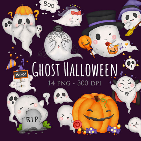 Cute Funny Ghost Happy Halloween Party Holiday October Decoration Background Cartoon Illustration Vector Clipart Sticker cover image.