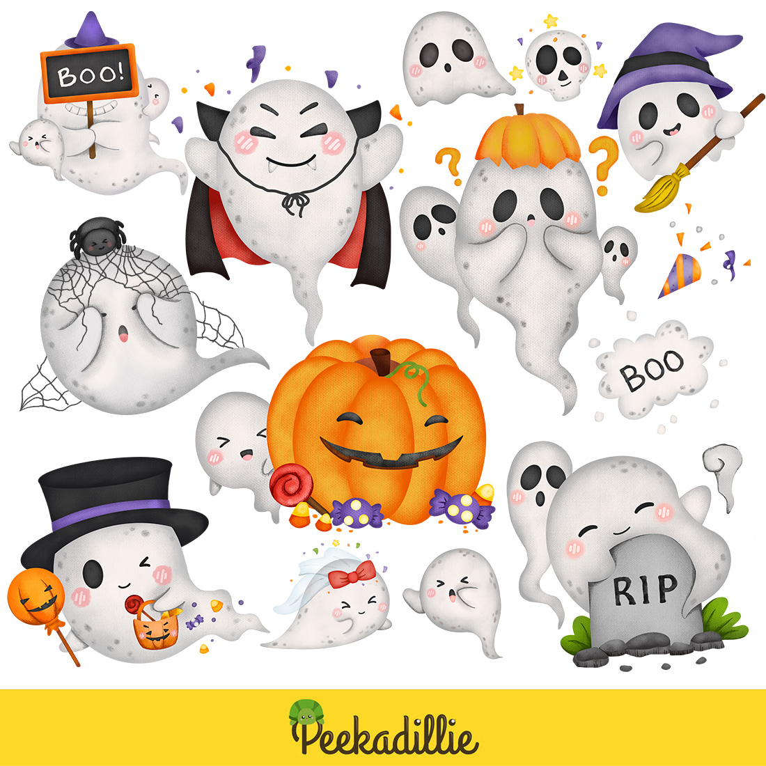 Cute Funny Ghost Happy Halloween Party Holiday October Decoration Background Cartoon Illustration Vector Clipart Sticker preview image.