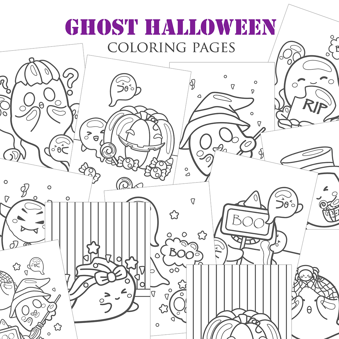 Funny and Cute Ghost Halloween Background Coloring Set Outline for Kids and  Adult Activity