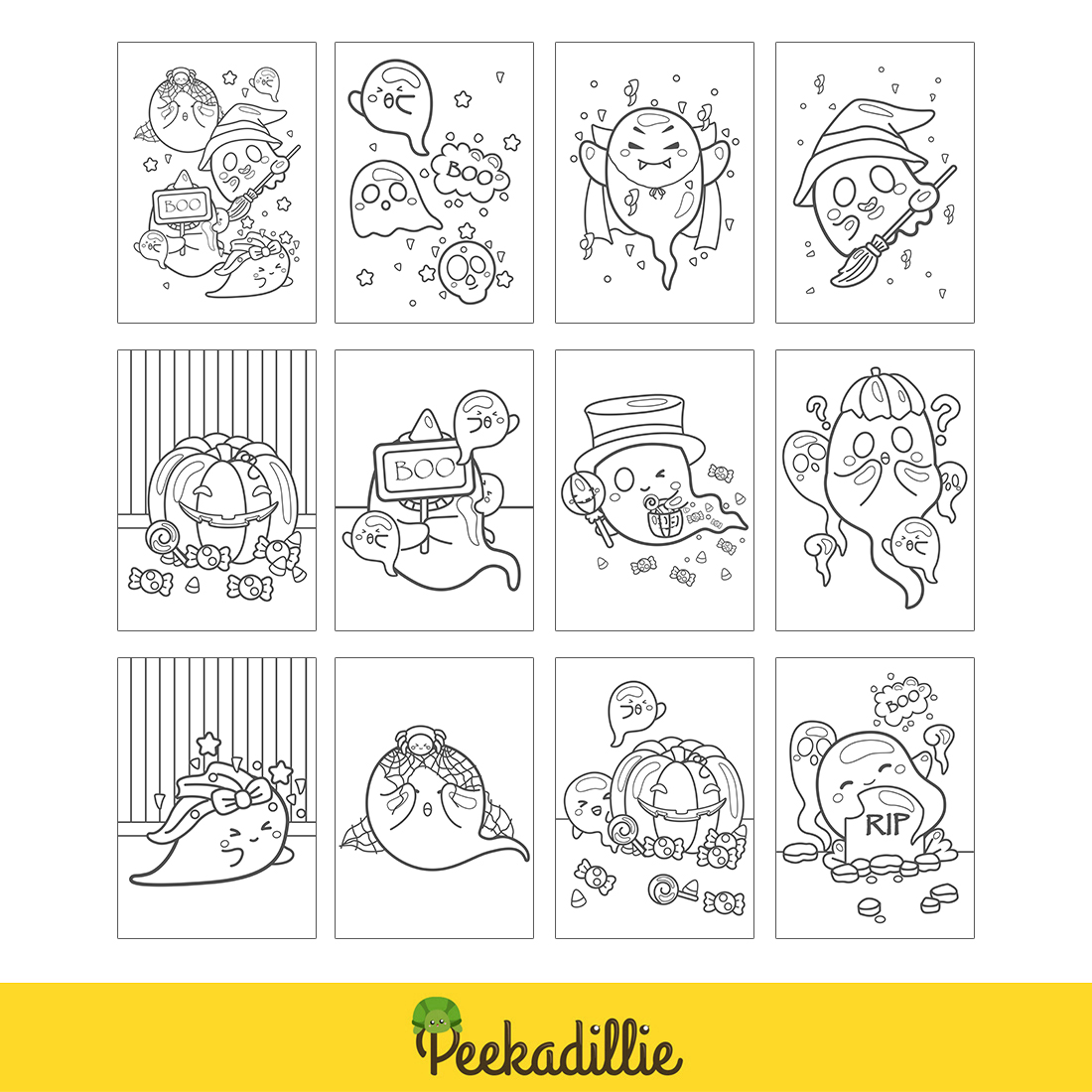 Funny and Cute Ghost Halloween Background Coloring Set Outline for Kids and Adult Activity preview image.