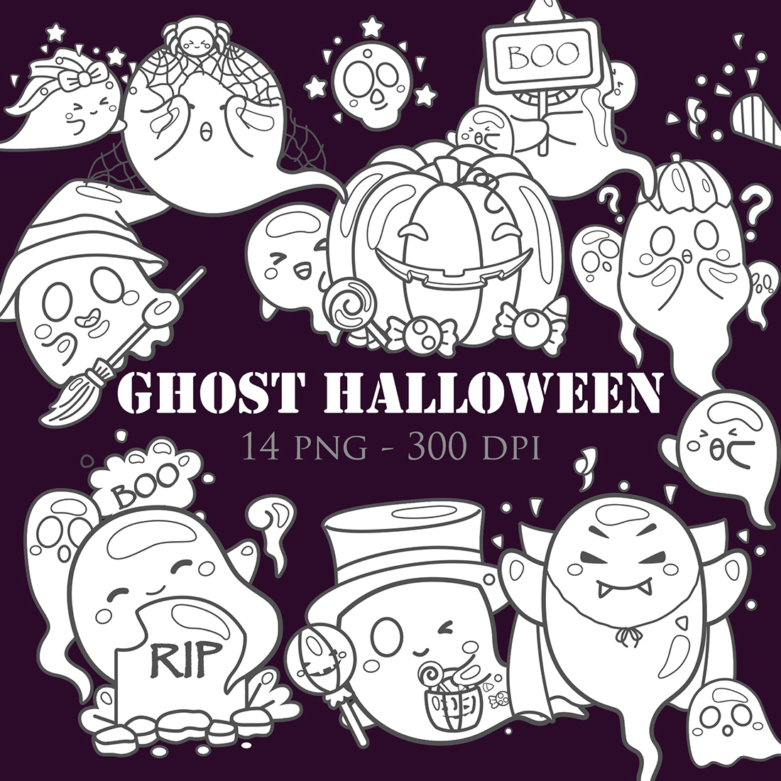 Happy Ghost Halloween Cartoon Digital Stamp Outline Black and White Decoration cover image.