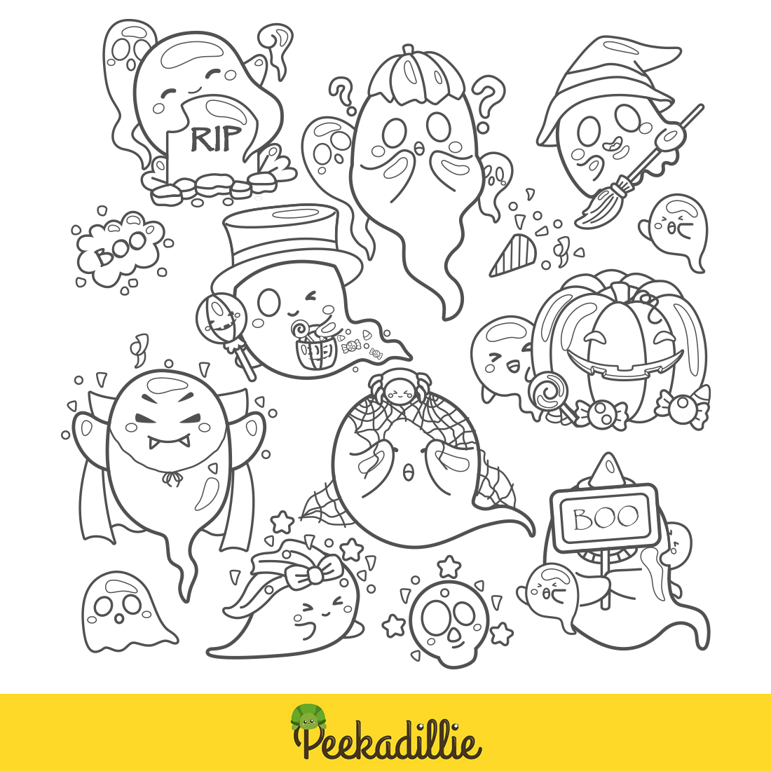 Happy Ghost Halloween Cartoon Digital Stamp Outline Black and White Decoration preview image.